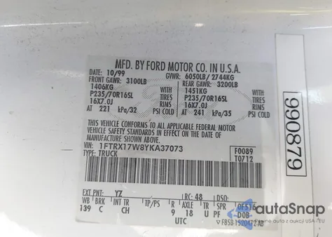 2000 Ford F-150 Lariat/Work Series/Xl/Xlt from USA, damaged, VIN 1FTRX17W8YKA37073